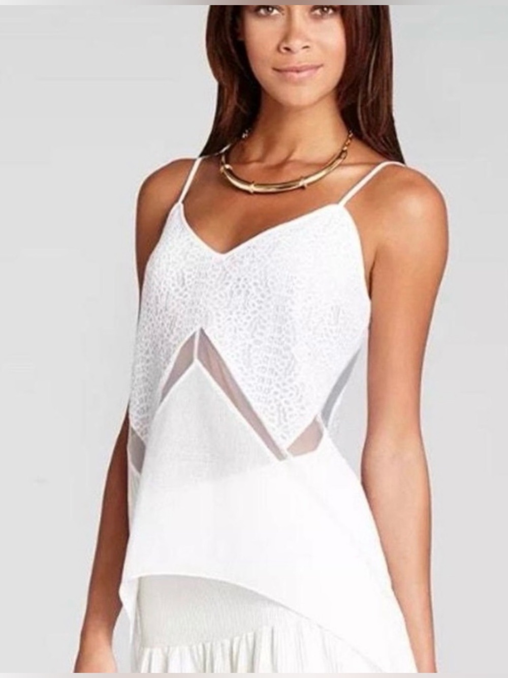 BCBGMAXAZRIA Cora White Lace & Sheer Geometric Asymmetrical Hem Cami Top Small